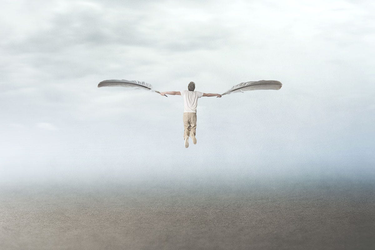 Man Leaping into the Sky with Feather Wings