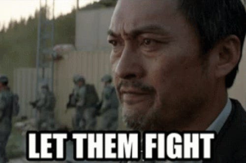 Captioned gif from 2014 'Godzilla' remake of Ken Watanabe saying 'LET THEM FIGHT.'